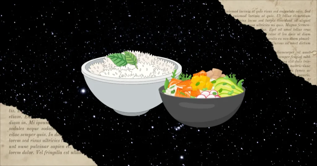 Bowls de arroz con huevo en ambiente estelar, desayuno japonés minimalista