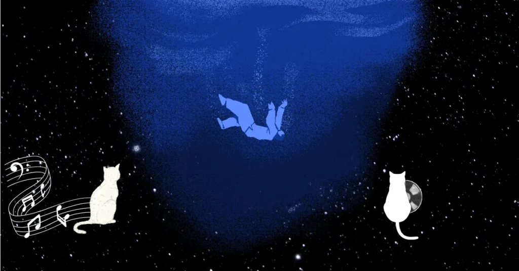 Composición onírica con silueta melancólica, gatos blancos y notas musicales en el espacio