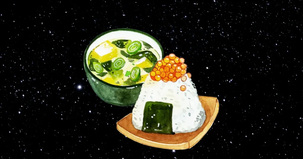 Onigiris y sopa miso flotando en el espacio, inspiración culinaria japonesa