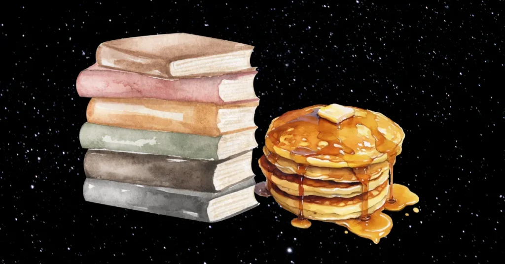 Hot cakes esponjosos con libros en fondo galáctico, desayuno literario