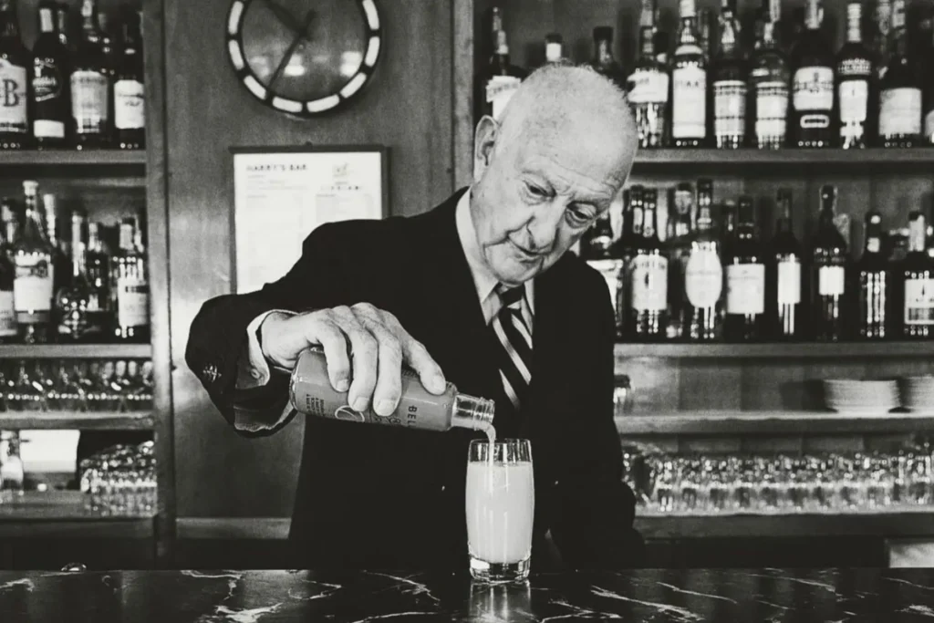 El barman Giuseppe Cipriani sirviendo un trago de autor dentro del histórico Harry's Bar en Venecia.