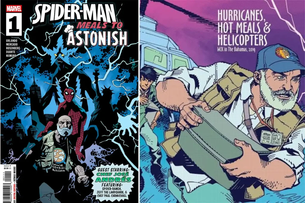 Imagen de la portada del cómic Spider-Man: Meals to Astonish #1 con el chef José Andrés y Electro.