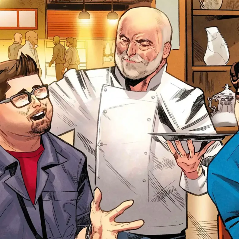 El chef José Andrés entrega una comida a Peter Parker en el cómic Spider-Man: Meals to Astonish #1, combinando cultura pop y gastronomía.