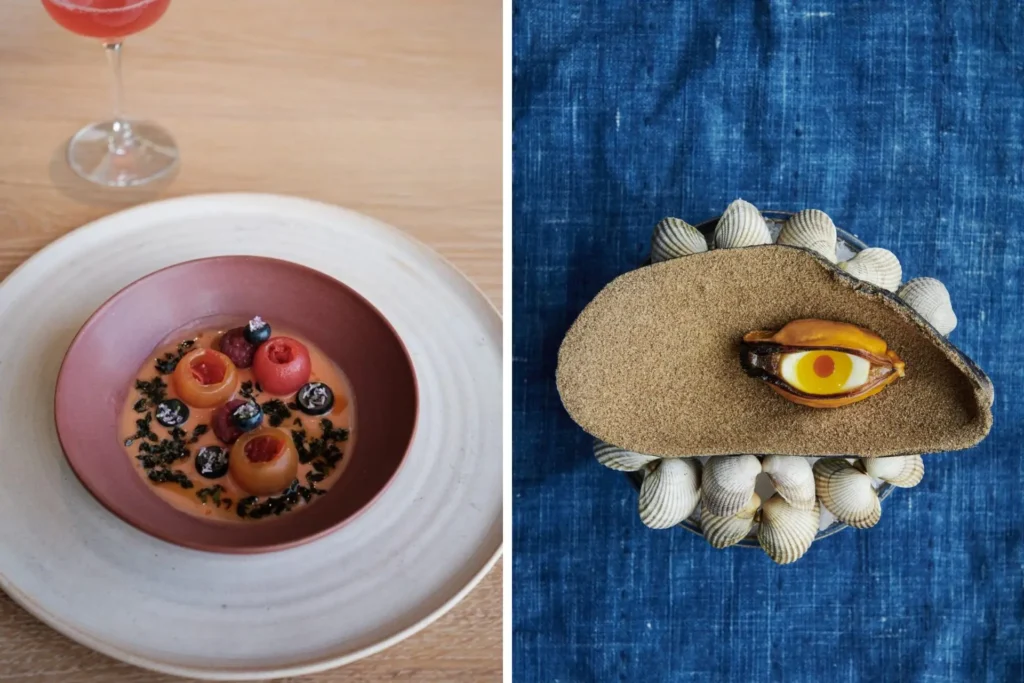 Detalle de dos platillos de alta cocina servidos en Noma, caracterizados por el uso de ingredientes de recolección silvestre y una presentación orgánica que refleja el estilo vanguardista del restaurante.